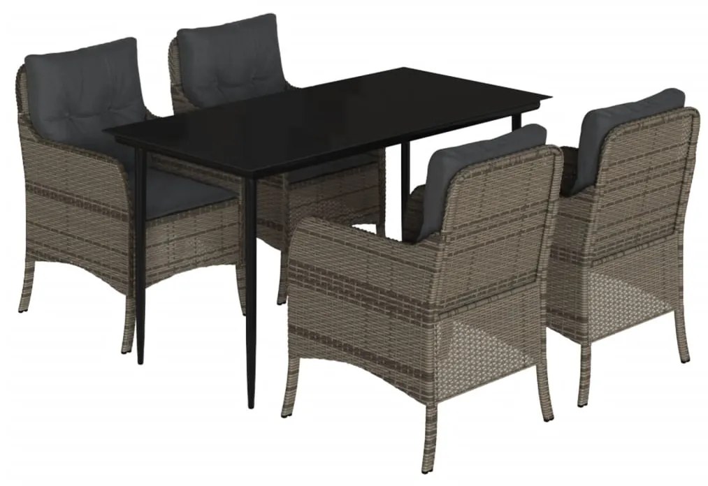 Set da pranzo da giardino 5 pz con cuscini in polyrattan grigio