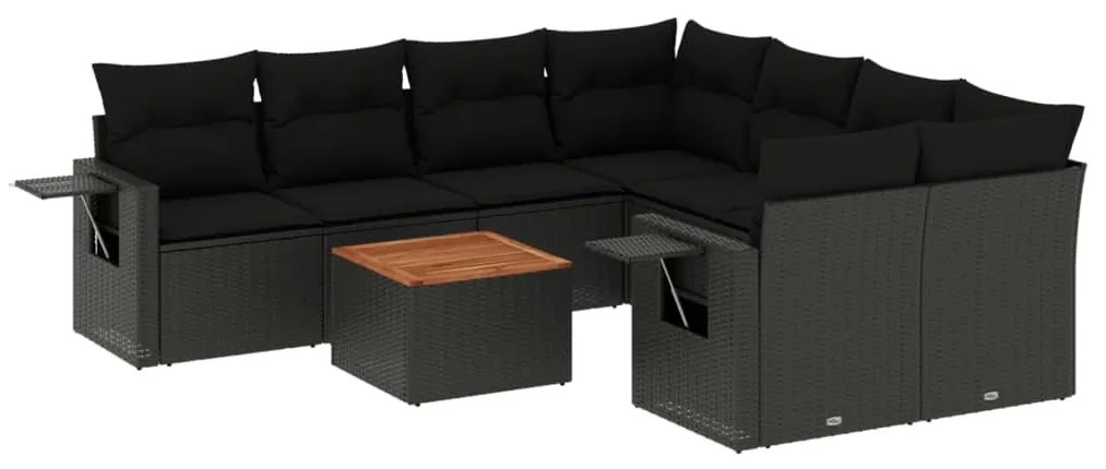 Set Divani da Giardino 9 pz con Cuscini Nero in Polyrattan