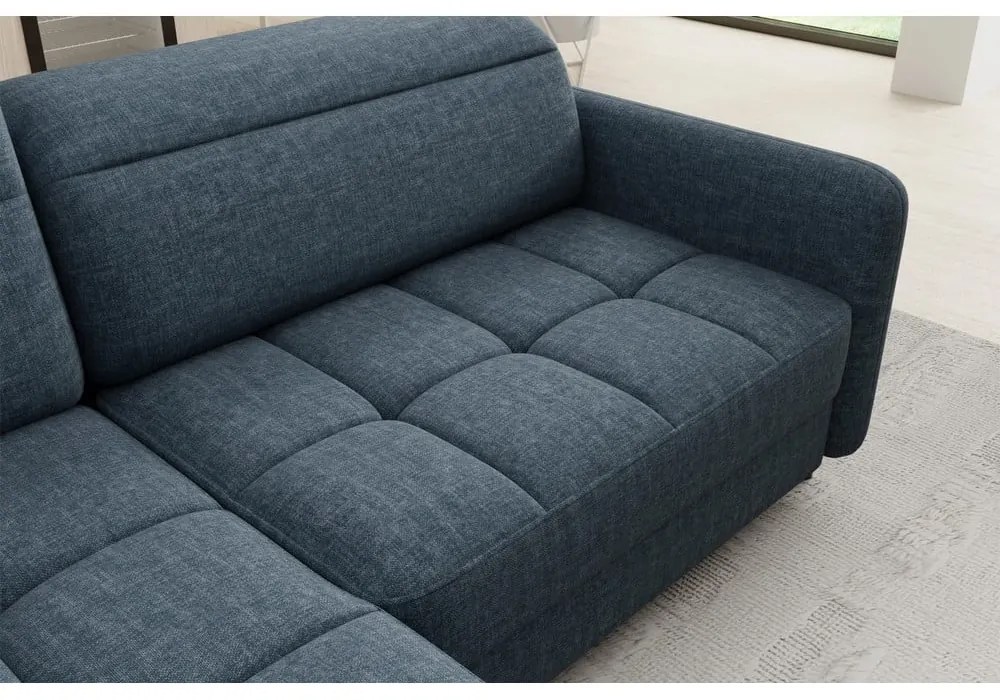 Divano angolare blu allungabile/con contenitore (con penisola a sinistra/a L) e rivestimento in velluto Barea – ELTAP