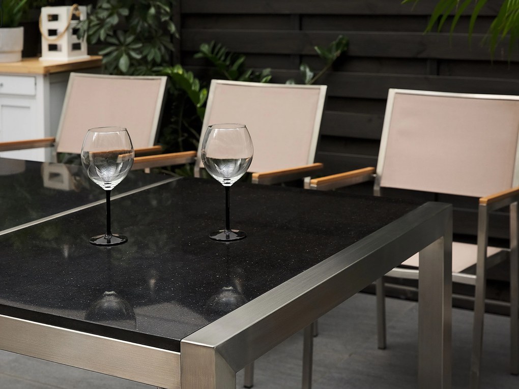 Set di tavolo e 8 sedie da giardino in acciaio basalto e fibra tessile beige nero lucido 220 cm GROSSETO Beliani