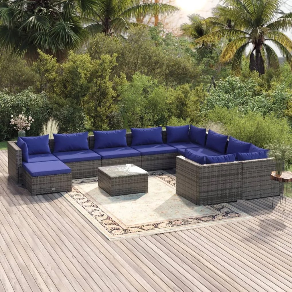 Set Divani da Giardino 11 pz con Cuscini in Polyrattan Grigio