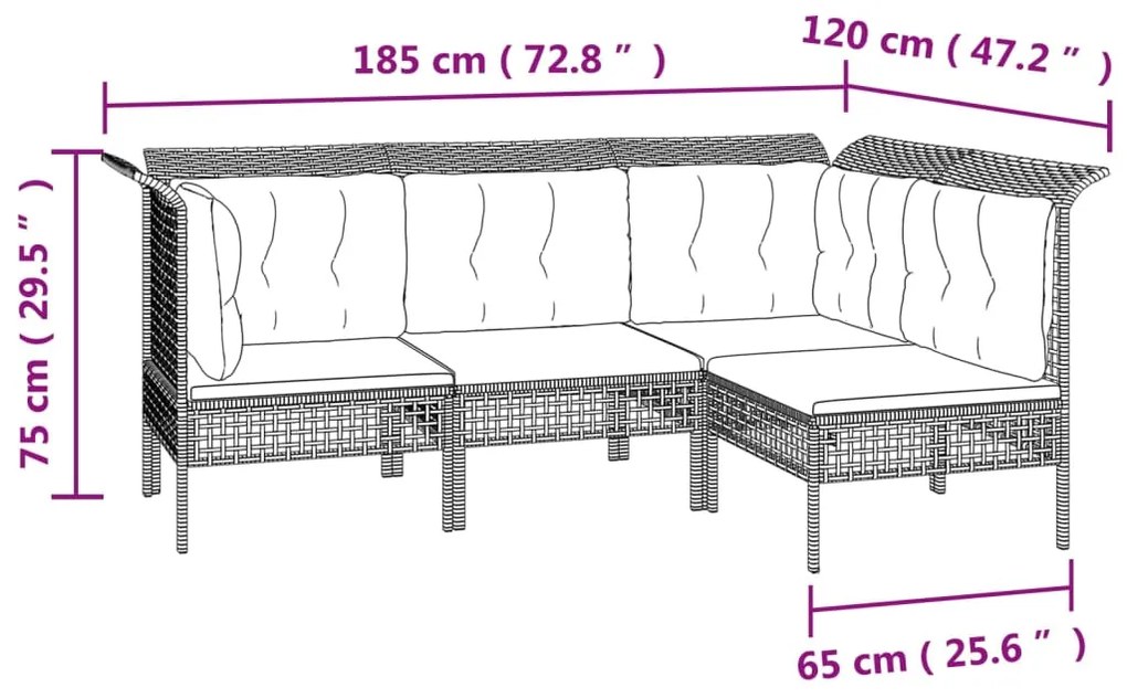 Set Divani da Giardino 4 pz con Cuscini in Polyrattan Grigio