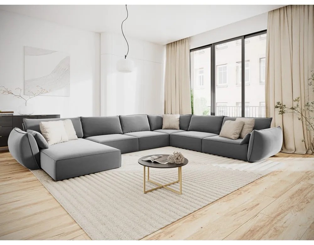 Divano angolare grigio chiaro (con penisola a destra/a U) con rivestimento in velluto Vanda – Mazzini Sofas