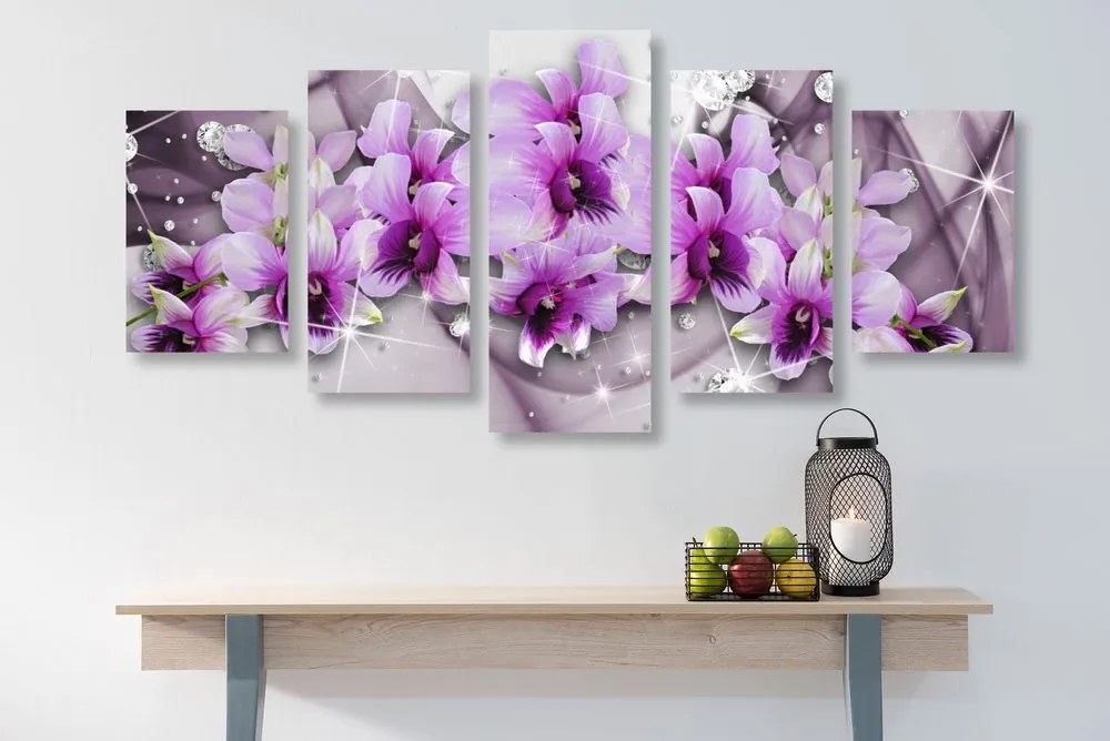 Quadri 5 pezzi – Fiori viola su sfondo astratto
