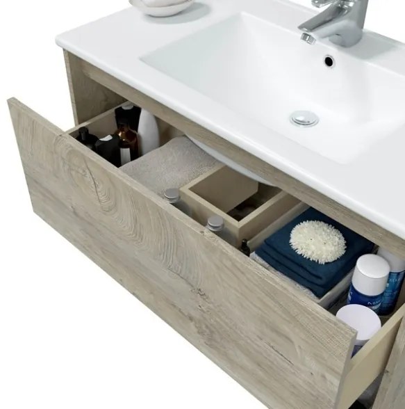 Mobile Bagno Sospeso 80 cm Vano Aperto Lavabo Specchio E Colonna Rovere Alaska VAN