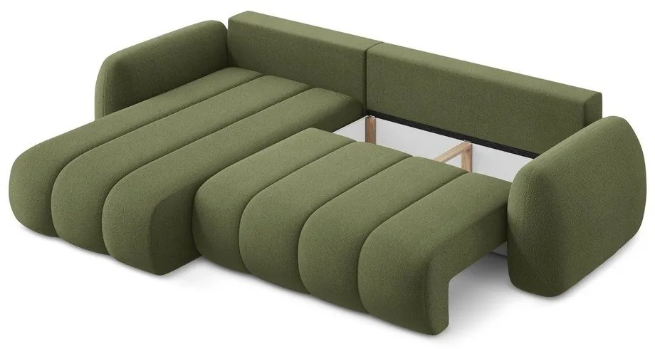 Divano angolare verde allungabile/con contenitore (con penisola a sinistra/con chaise lounge) con rivestimento in bouclé Pele – Makamii