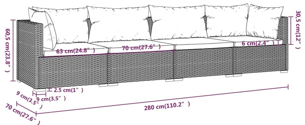 Set Divani da Giardino 4 pz con Cuscini in Polyrattan Grigio