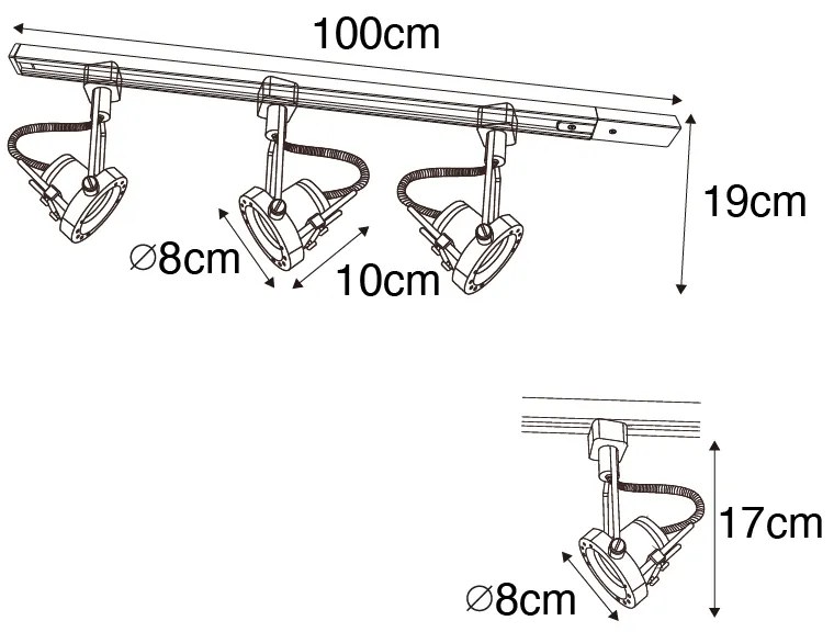 Sistema di illuminazione a binario moderno con 3 faretti neri monofase - Iconic Suplux