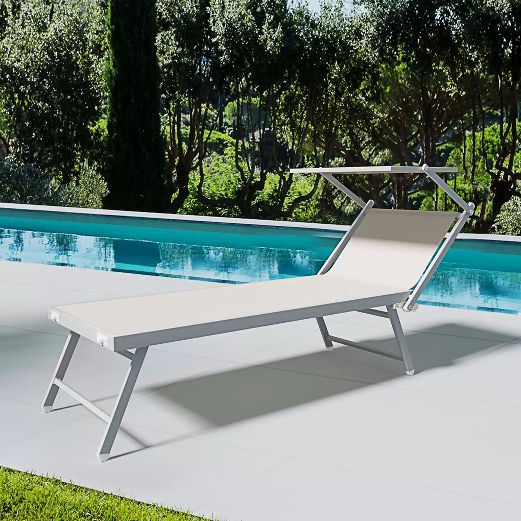 Lettino Beige Prendisole Pieghevole Professionale In Alluminio E Tessuto Textilene Tettuccio Orientabile Tettino Parasole Sdraio Prendi Sole Mare Spiaggia Piscina Giardino 182 x 60 x 38 cm