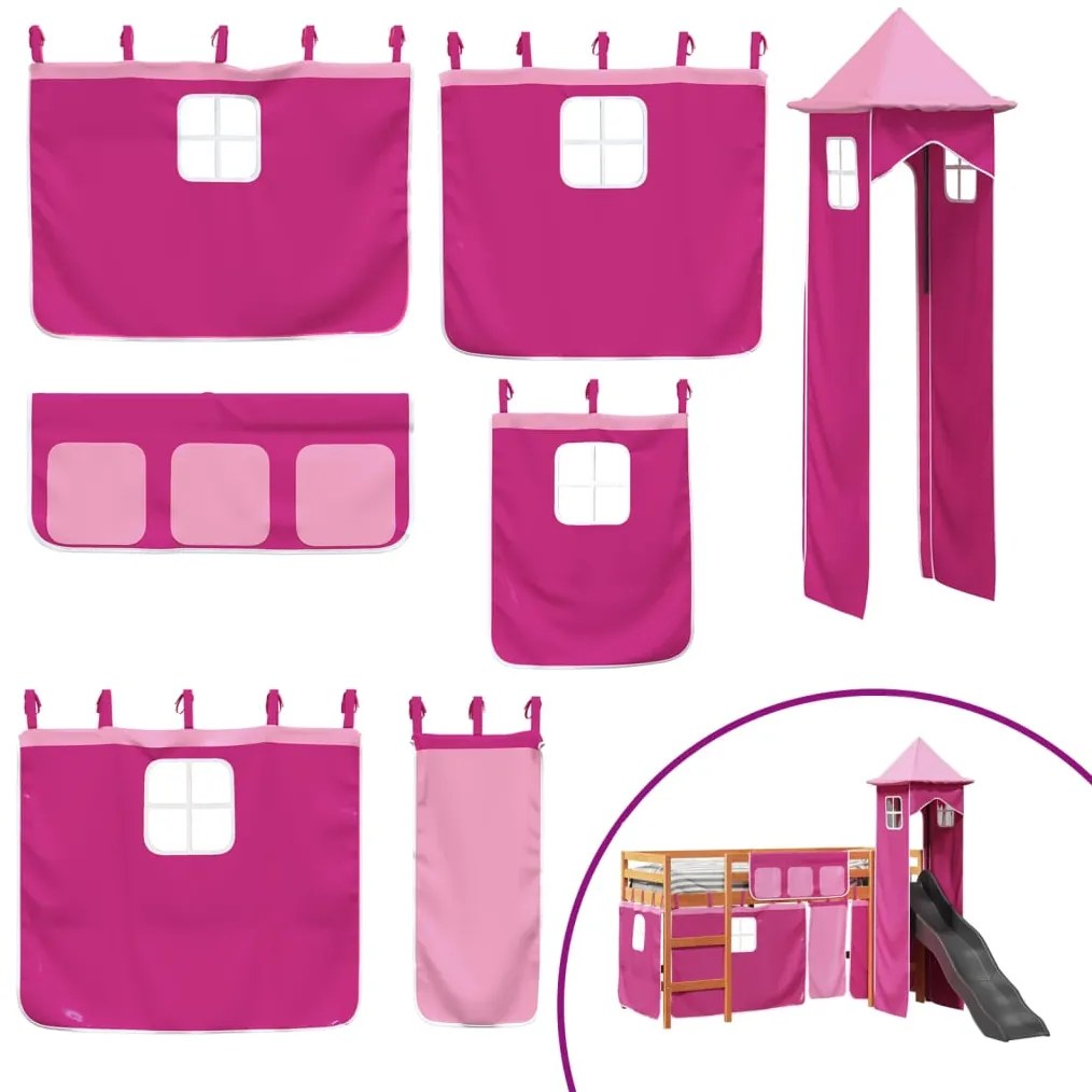 Letto a soppalco con torre bambini rosa 80x200cm massello pino