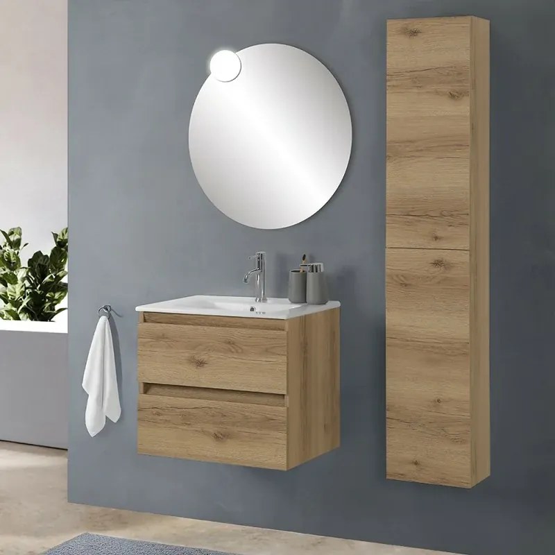 Mobile bagno sospeso 60cm in legno quercia naturale 2 cassettoni con lavabo e specchio Leda