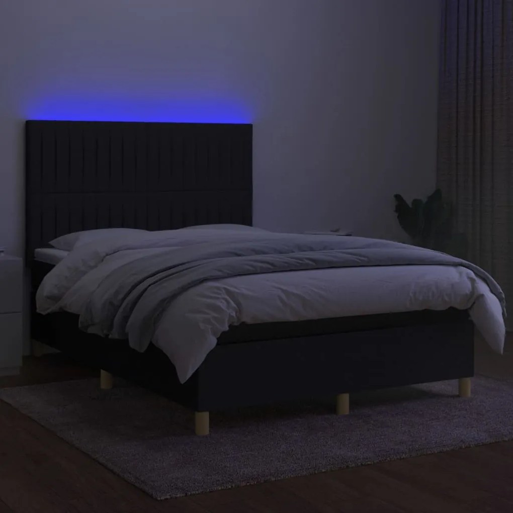 Letto a molle con materasso e led nero 140x200 cm in tessuto