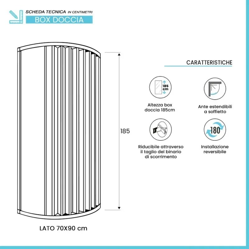 Box doccia 70x90 semicircolare a soffietto in PVC bianco apertura sul laterale sinistro e chiusura calamitata Teti