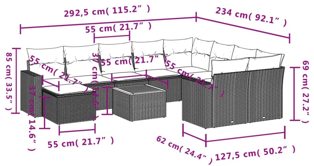 Set divani da giardino 11 pz con cuscini beige in polyrattan