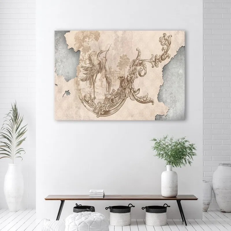 Quadro su tela, Uccelli e foglie su un affresco orientale  Dimensioni 100x70