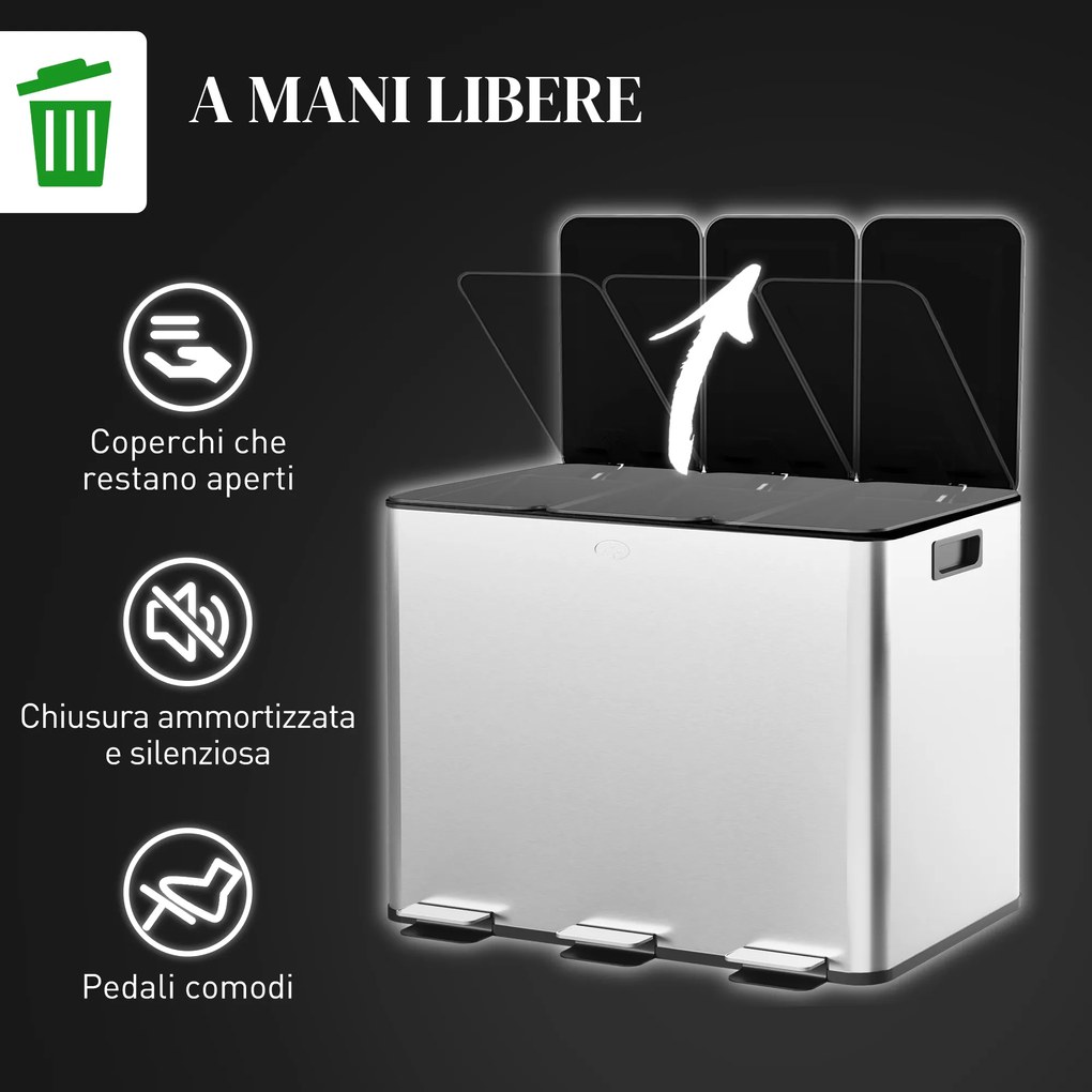 Pattumiera Differenziata Cestino Spazzatura 3 Scomparti da 10L in Acciaio Inox Argento...