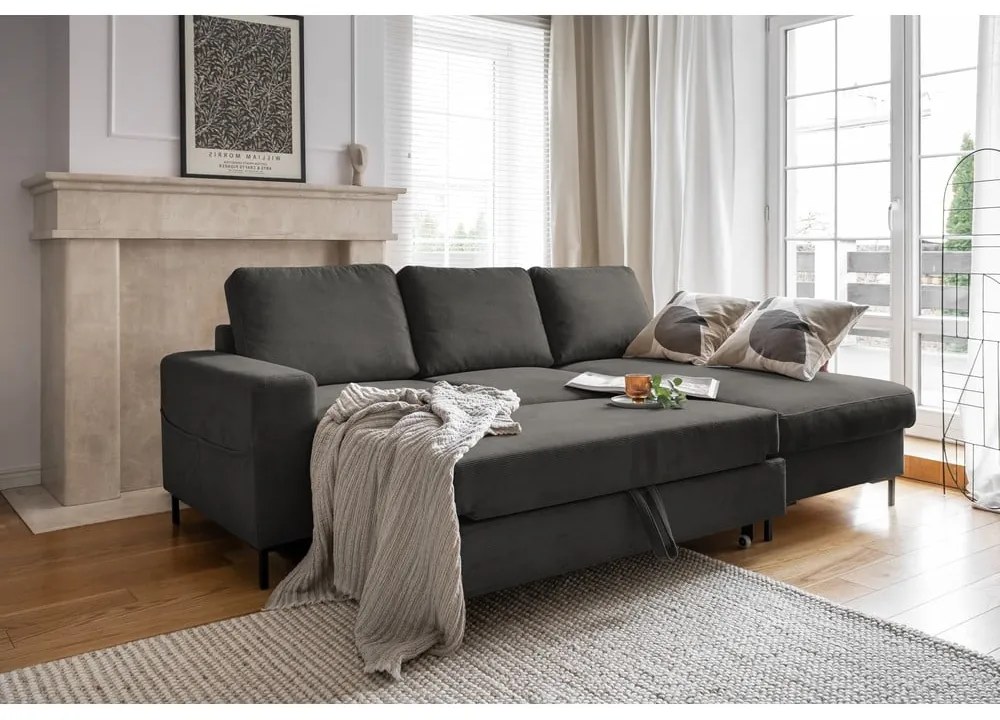 Divano letto angolare in velluto a coste grigio scuro (angolo destro) Lofty Lilly - Miuform