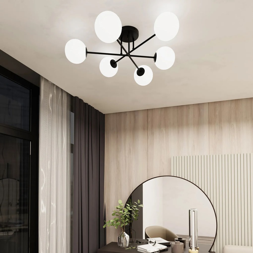 Plafoniera Moderna Morrigan 6 Luci In Acciao Nero E Sfere In Vetro Bianco