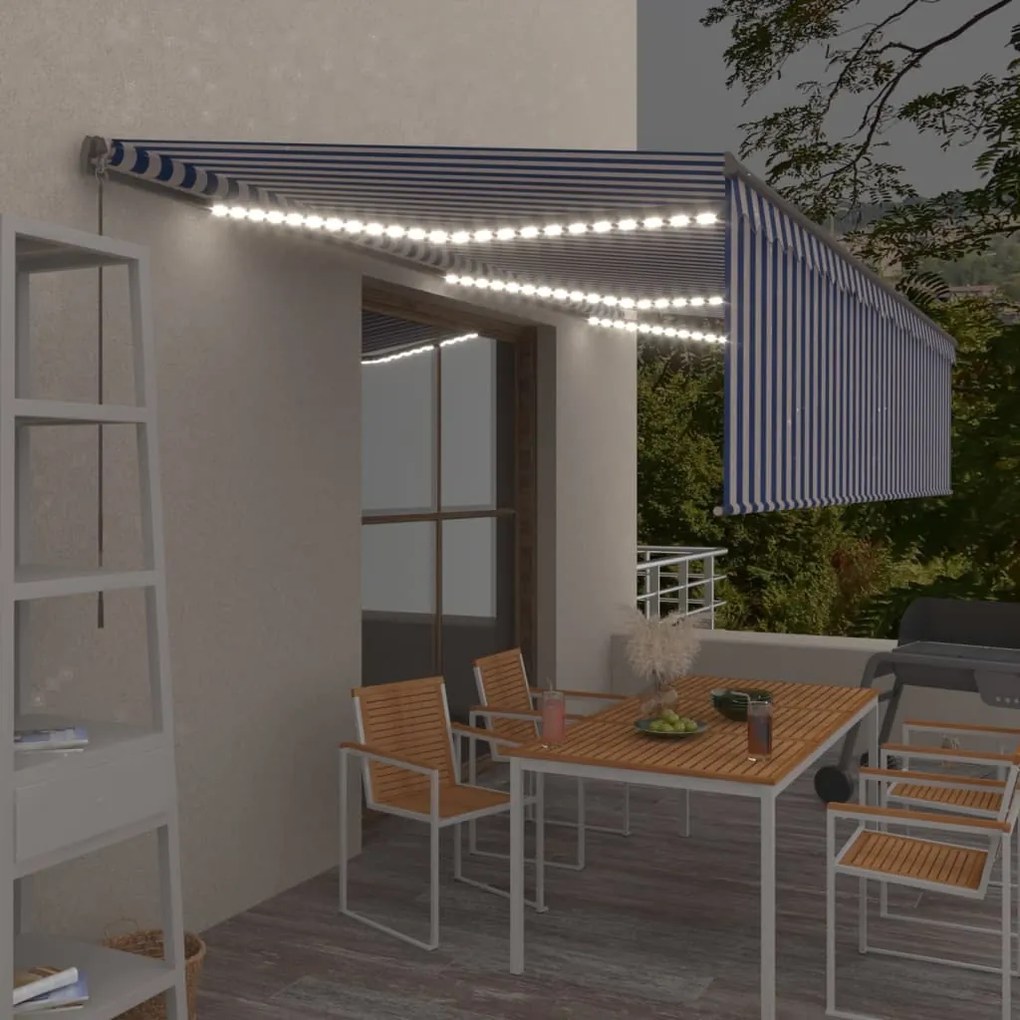 Tenda Sole Retrattile Manuale Con Led 6x3m Blu E Bianc6 /