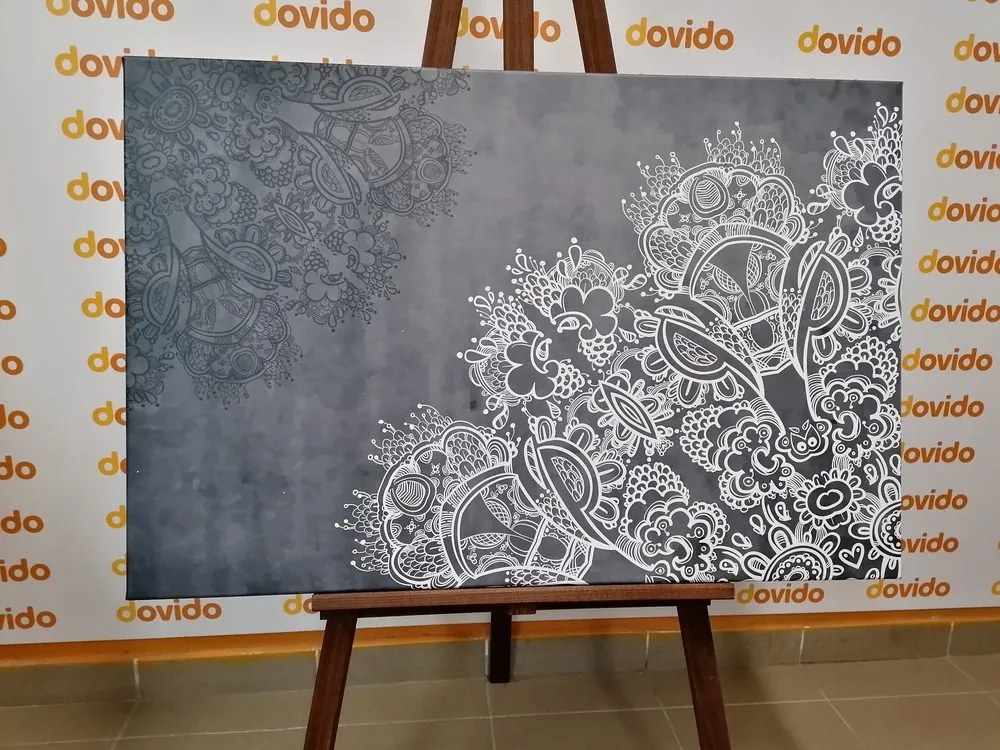 Stampa su tela – Elementi di Mandala floreale in bianco e nero