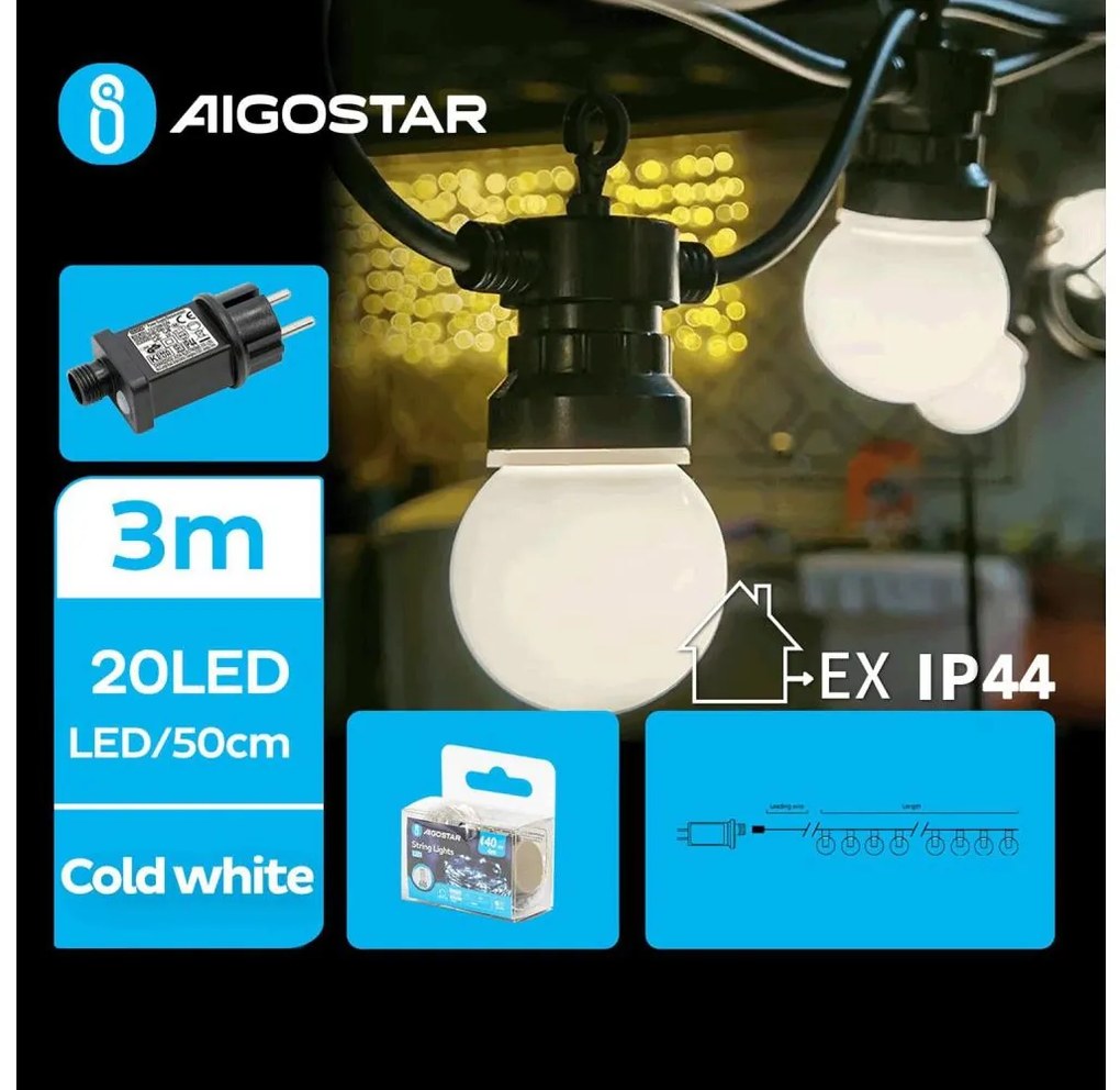Aigostar - Catena decorativa da esterno LED 20xLED/3m IP44 bianco freddo