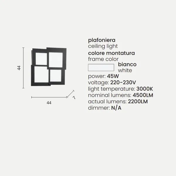 Plafoniera Led in metallo Bianco e diffusore in acrilico PASSPARTOU 44x44 cm