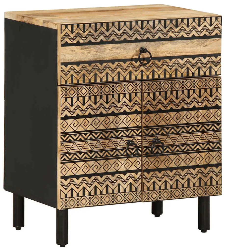 Comodino Nero 50x33x60 Cm İn Legno Massello Di Mango Grezzo /