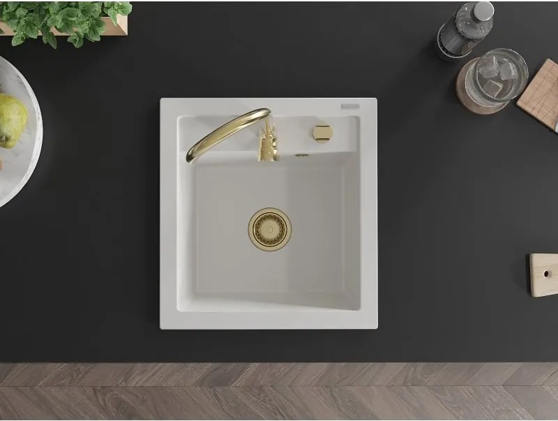 Mexen Vito lavello da cucina in granito 1-vasca 520 x 490 mm, bianco, sifone dorato - 6503521000-20-G