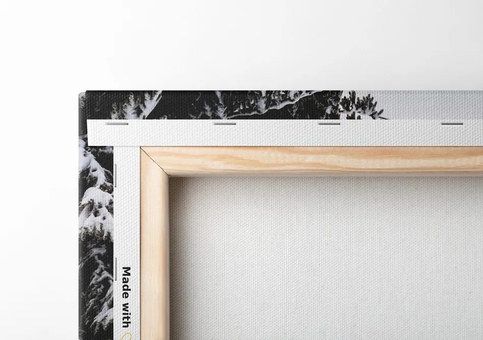 Stampa su tela – Casetta di legno tra pini innevati