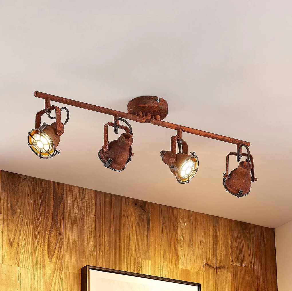 Lindby, faretto da soffitto Scabra, 63 cm, marrone ruggine, a 4 luci, metallo