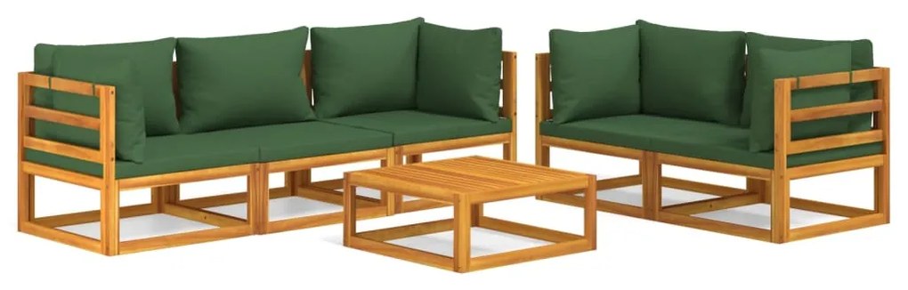 Set Salotto da Giardino 6pz con Cuscini Verdi in Legno Massello