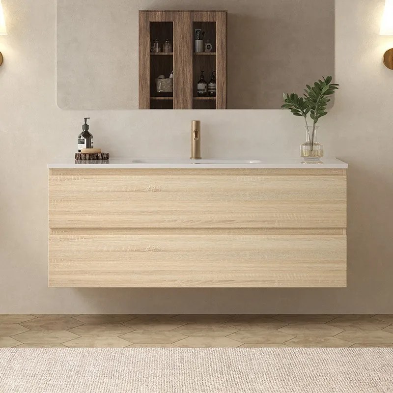 Mobile bagno 120 cm due cassetti lavabo integrato legno chiaro | KAM-HR120 - KAMALU