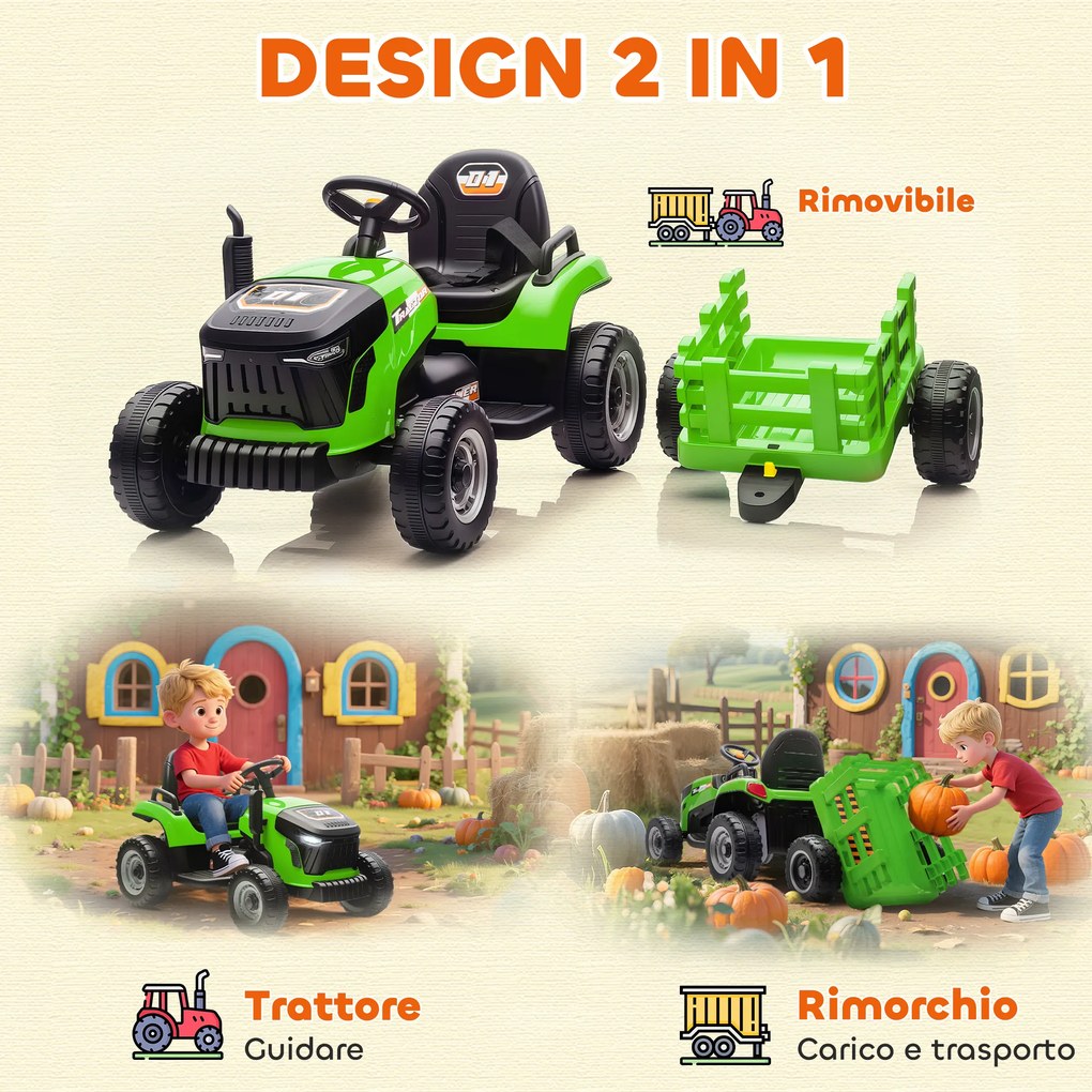 Trattore Elettrico per Bambini 12V con Rimorchio Staccabile 139x58x55 cm e Telecomando Verde...