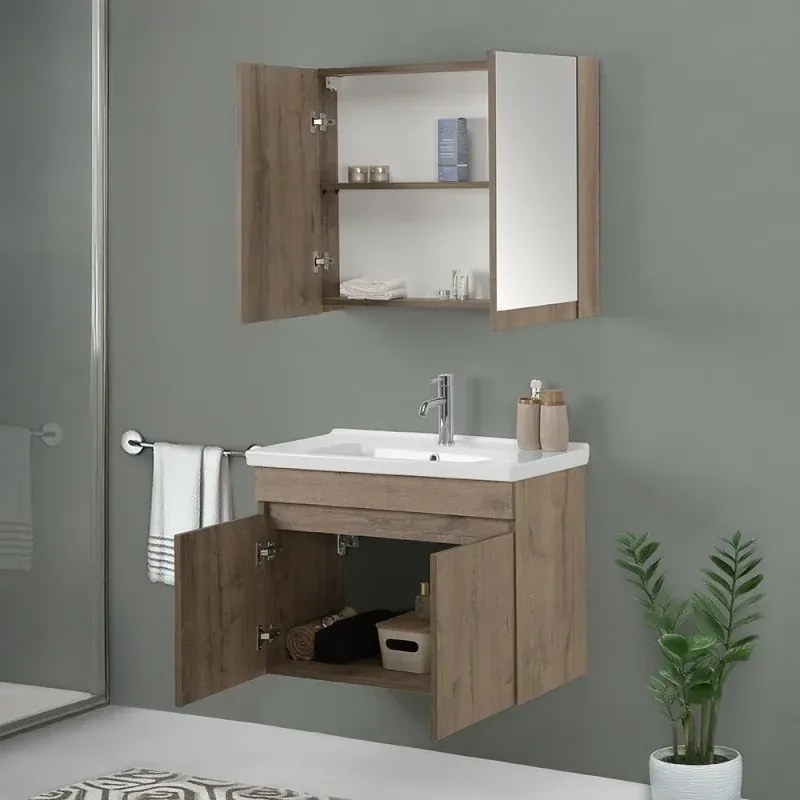 Mobile bagno sospeso 80 cm rovere scuro con specchio contenitore Mona