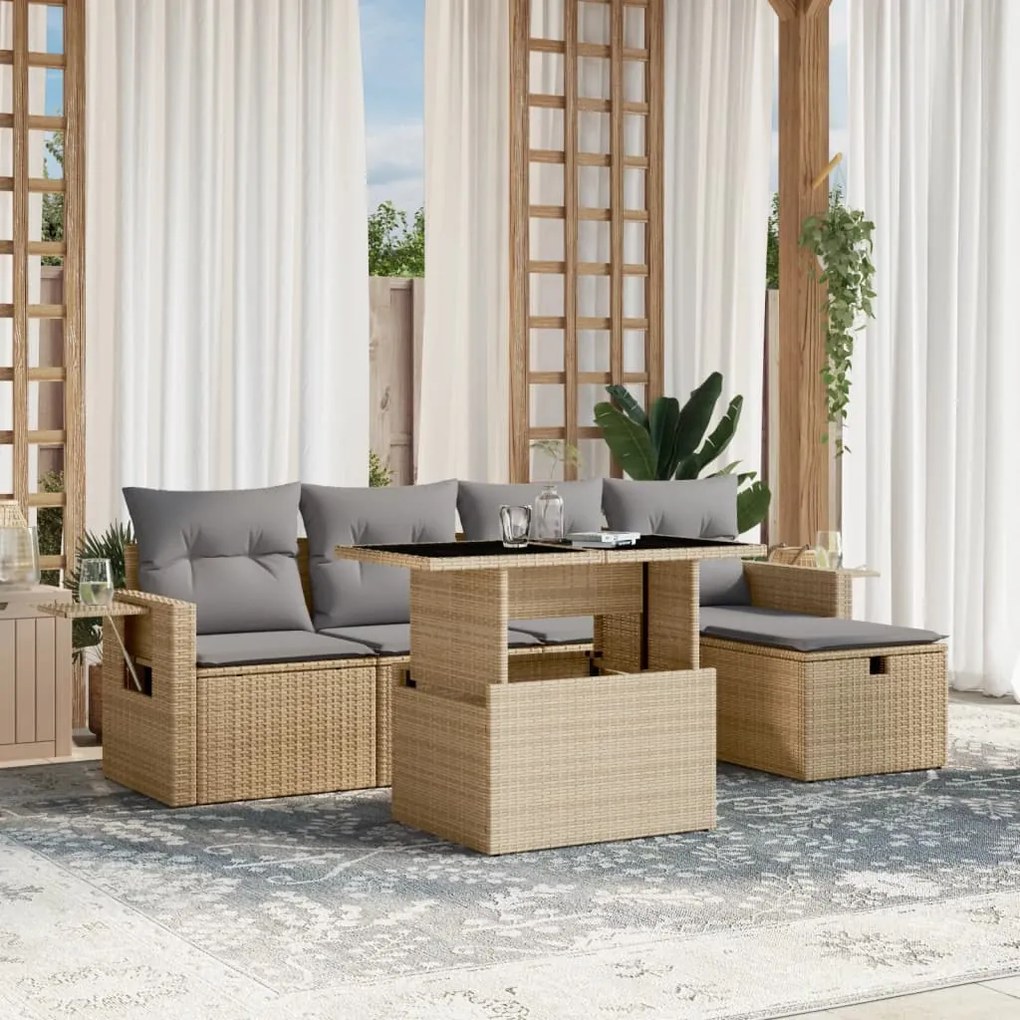 Set divano da giardino 6 pz con cuscini beige in polyrattan