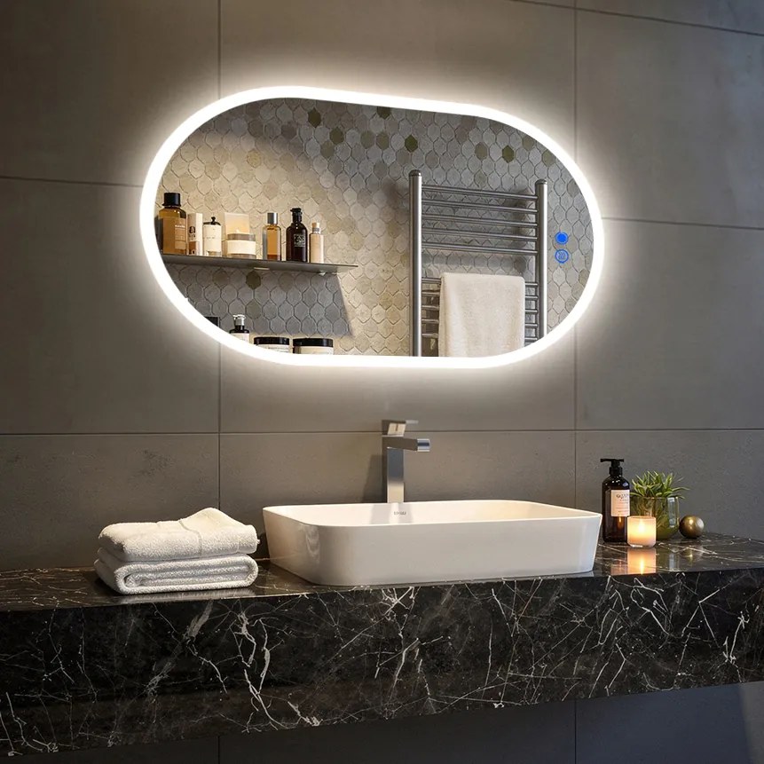 Specchio da bagno illuminato 80x50\100x70\120x70\50x80\70x100\70x120 cm, bicolore, interruttore touch, tappetino riscaldante