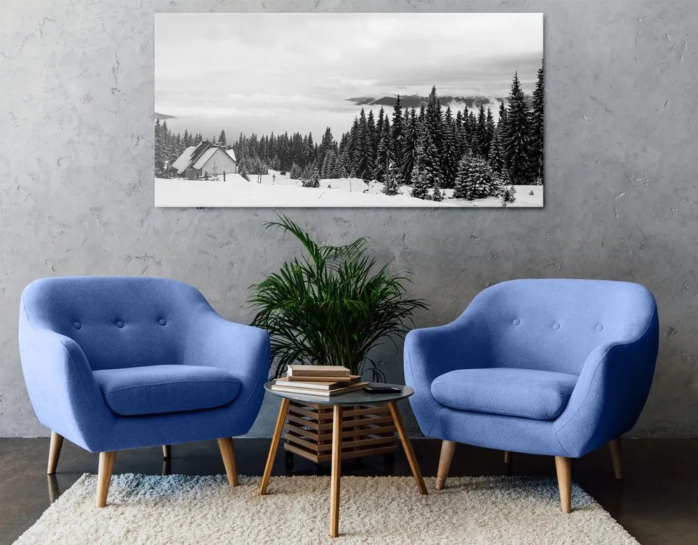 Quadro su tela – Casetta nella natura innevata in bianco e nero