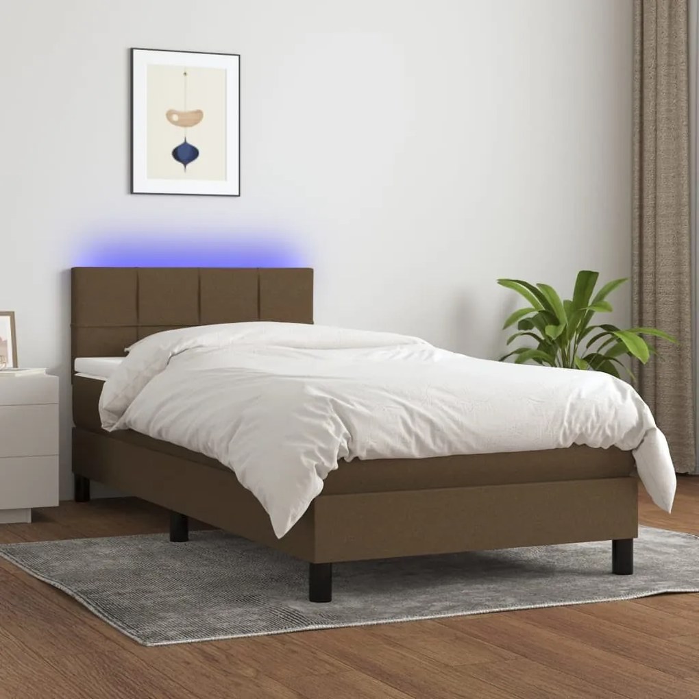 Letto a Molle Materasso e LED Marrone Scuro 80x200cm in Tessuto