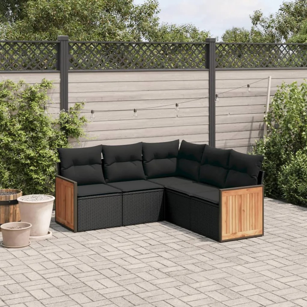 Set divani da giardino 5 pz con cuscini in polyrattan nero