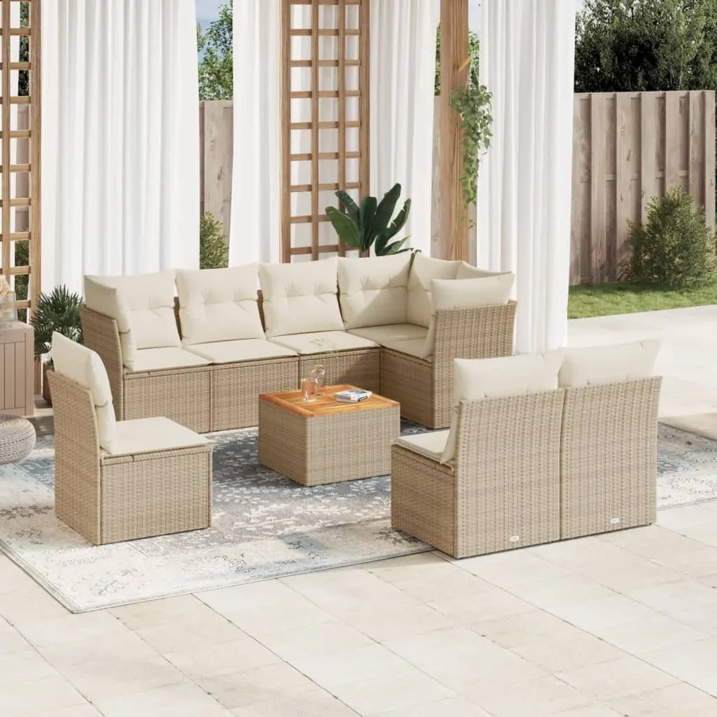 Set divano da giardino 9 pz con cuscini beige in polyrattan