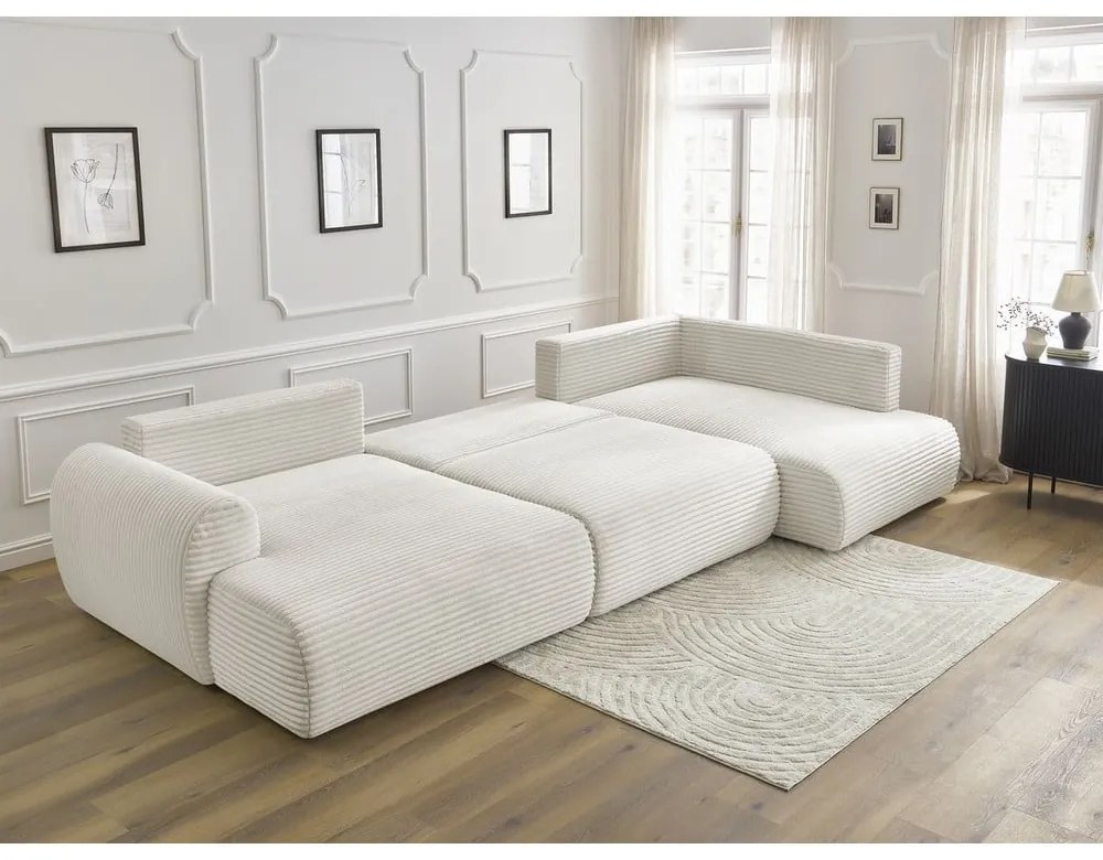 Divano angolare color crema allungabile (con penisola a sinistra/a forma di "U") con rivestimento in velluto a coste Lucien – Bobochic Paris