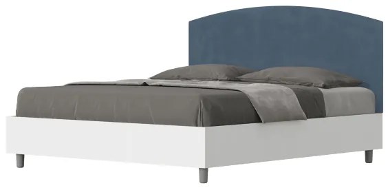Letto contenitore da 160x190 in legno bianco e testata in microfibra blu Antilia