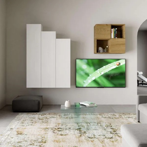 Parete da soggiorno Isoka A33 L.120 H.174 Bianco e Quercia