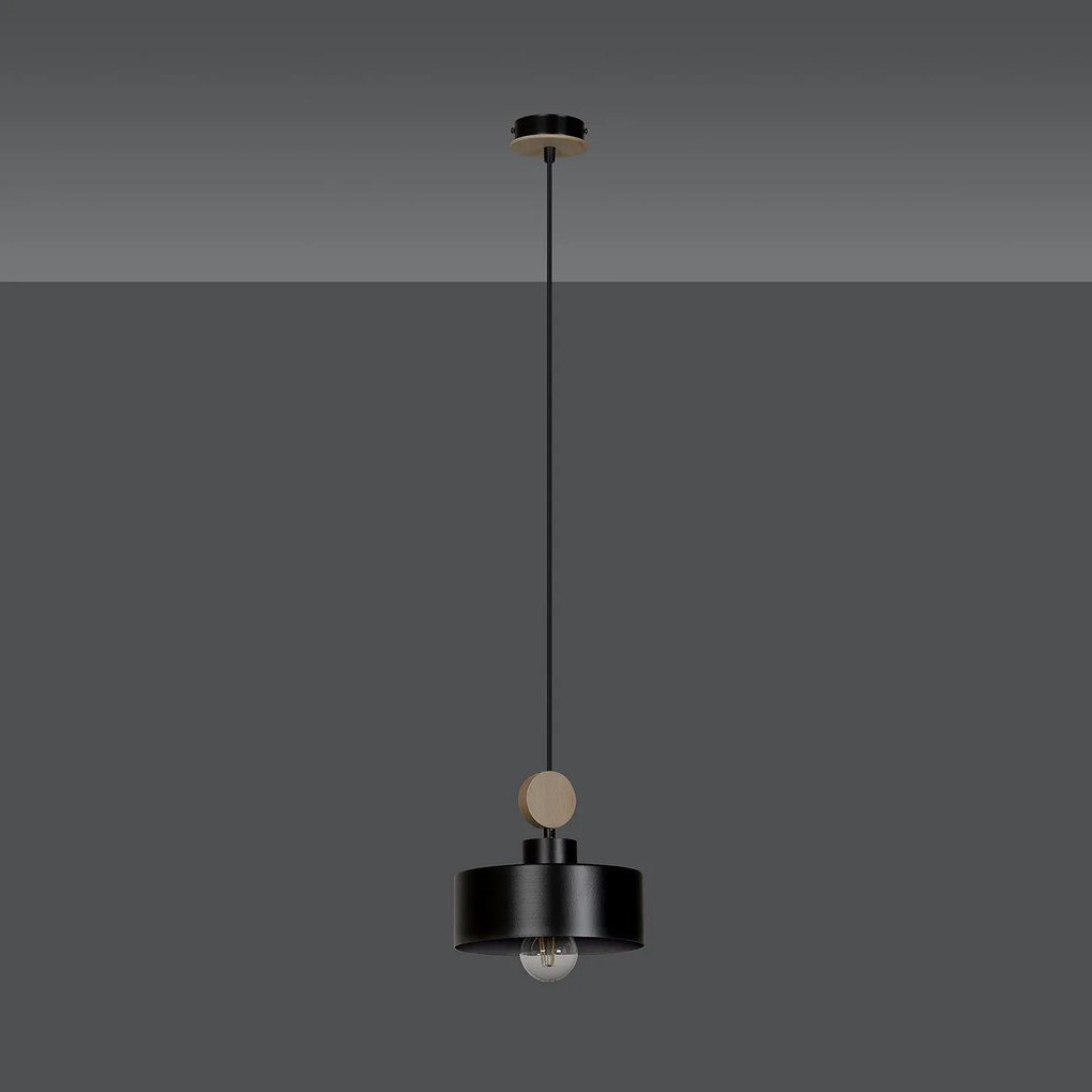Sospensione 1 Luce Zhurong In Acciaio Nero E Legno Naturale