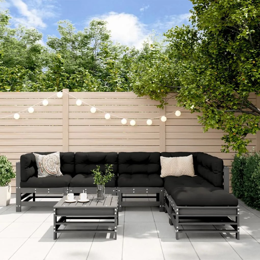 Set divani da giardino 7pz con cuscini in legno massello grigio