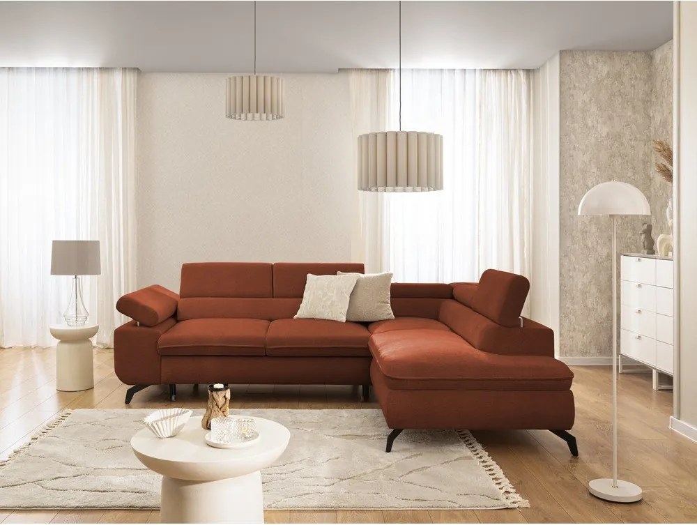 Divano angolare color terracotta (con penisola a destra/a L) con rivestimento in ciniglia Marbeya – Ropez