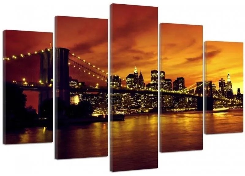 Quadro su tela 5 pannelli Tramonto a New York Manhattan  Dimensioni 200x100