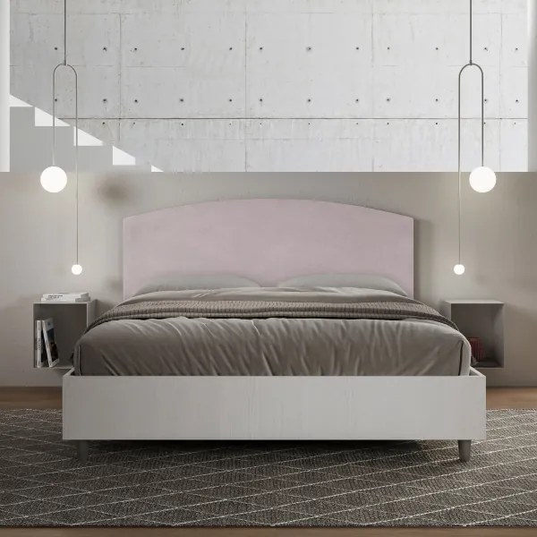 Letto contenitore da 160x200 in legno bianco e testata in microfibra glicine Antilia
