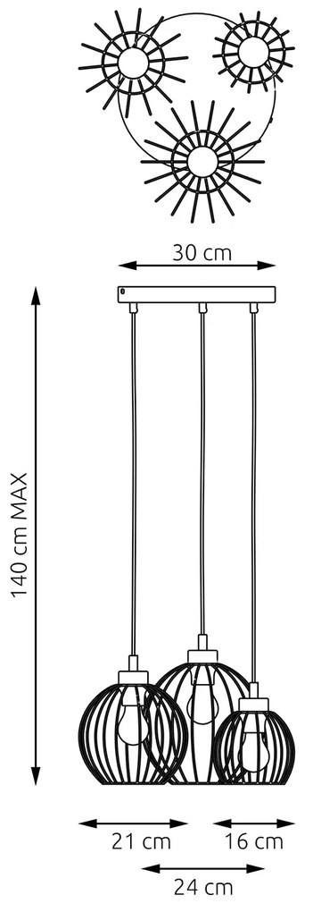 Sospensione Minimal Industrial Hathor 3 Luci Tonda Nera E Oro