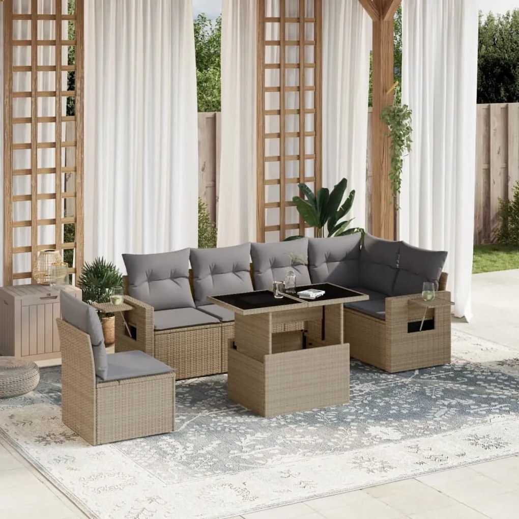 Set divani da giardino 7 pz con cuscini beige in polyrattan